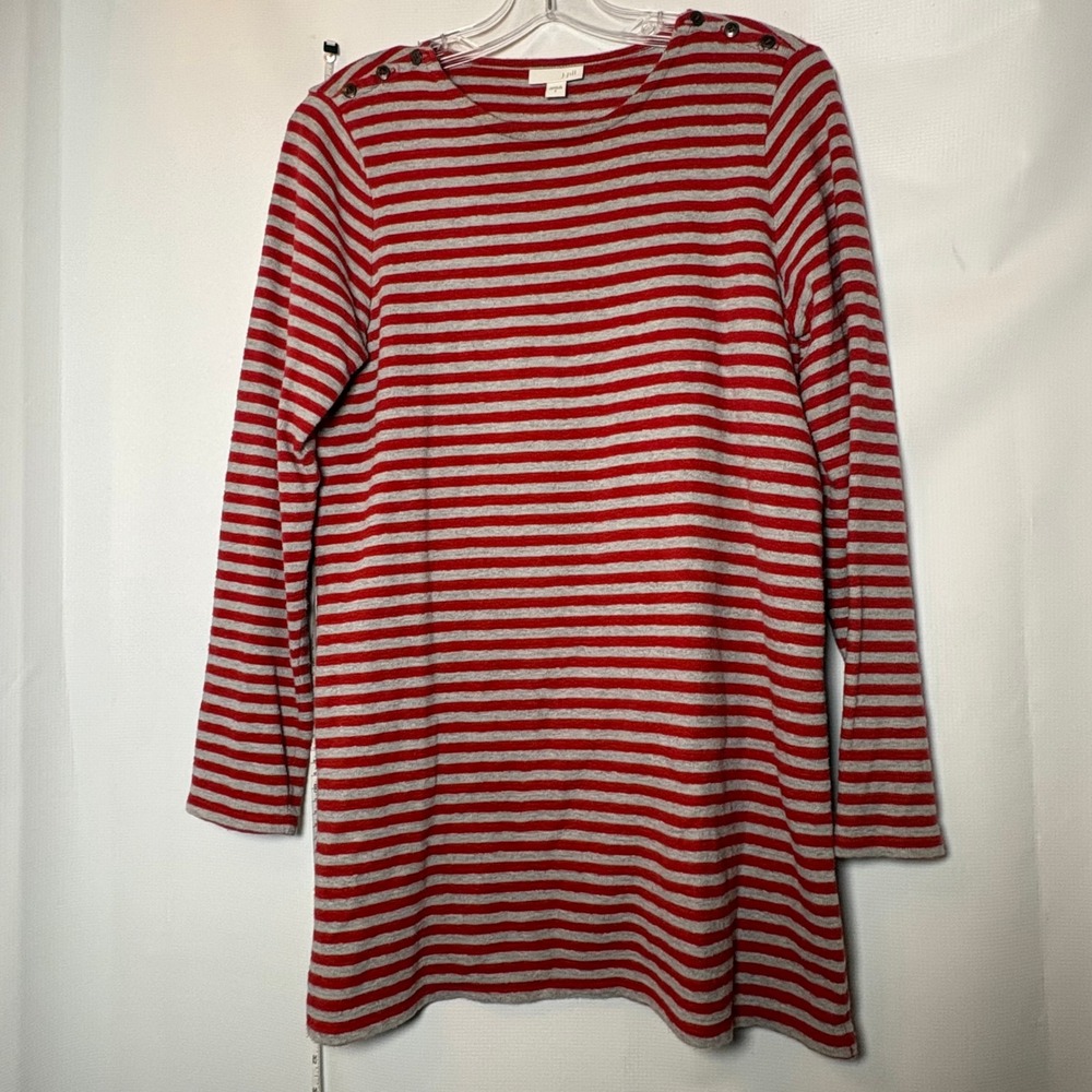 J Jill Striped L/S Thermal Waffle Top Red Gray Boat Neck Button Shoulder Women S
